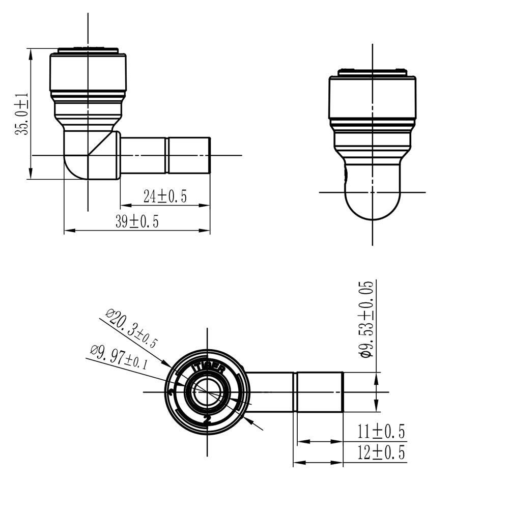 Push to Connect 3/8 inch Tubing x 3/8" Stem Plug , Plastic 90 degree elbow Connector 1814-B