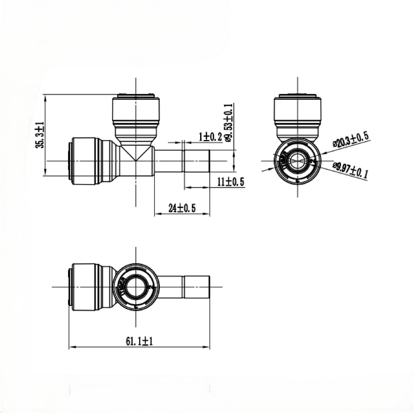 Side 3/8 stem Plug x 3/8 inch Tubing, Plastic Tee Connector 1820-B